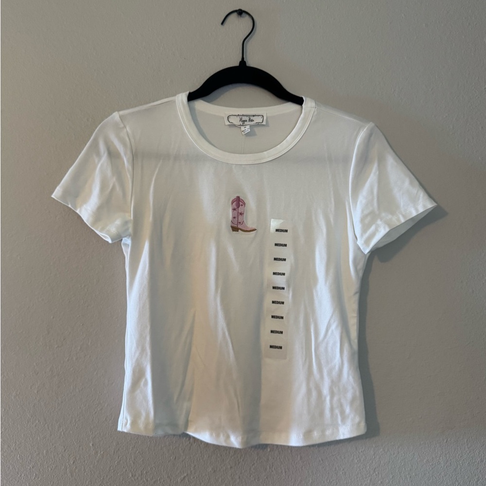 Hippie Rose White Tee with Embroidered Pink Boot